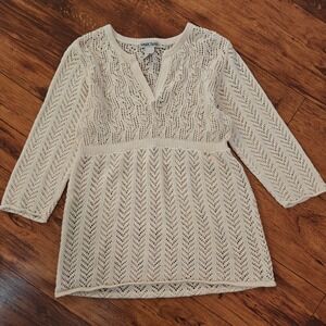 Nomadic Traders Women's Medium Tunic Sweater Cream Crochet Cottagecore Lagenlook